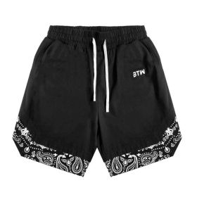 Head Cashew Flower Shorts Hip-hop Trend Loose Fake Two-piece Five-point Pants (Option: Black-2XL)