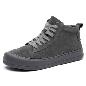 High-top Men's Genuine Leather Fashion Shoes Thick-soled Casual Board Versatile Martin Booties (Option: Gray-38)