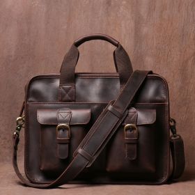 Men's Retro Handmade First Layer Cowhide Portable Briefcase (Color: dark coffee)