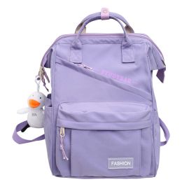 Solid Color Backpack Large Capacity Schoolbag (Option: Purple-With Duck Pendant)