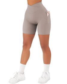 Women's Cross Sports Tight Short Belt Pockets (Option: Khaki-3XL)